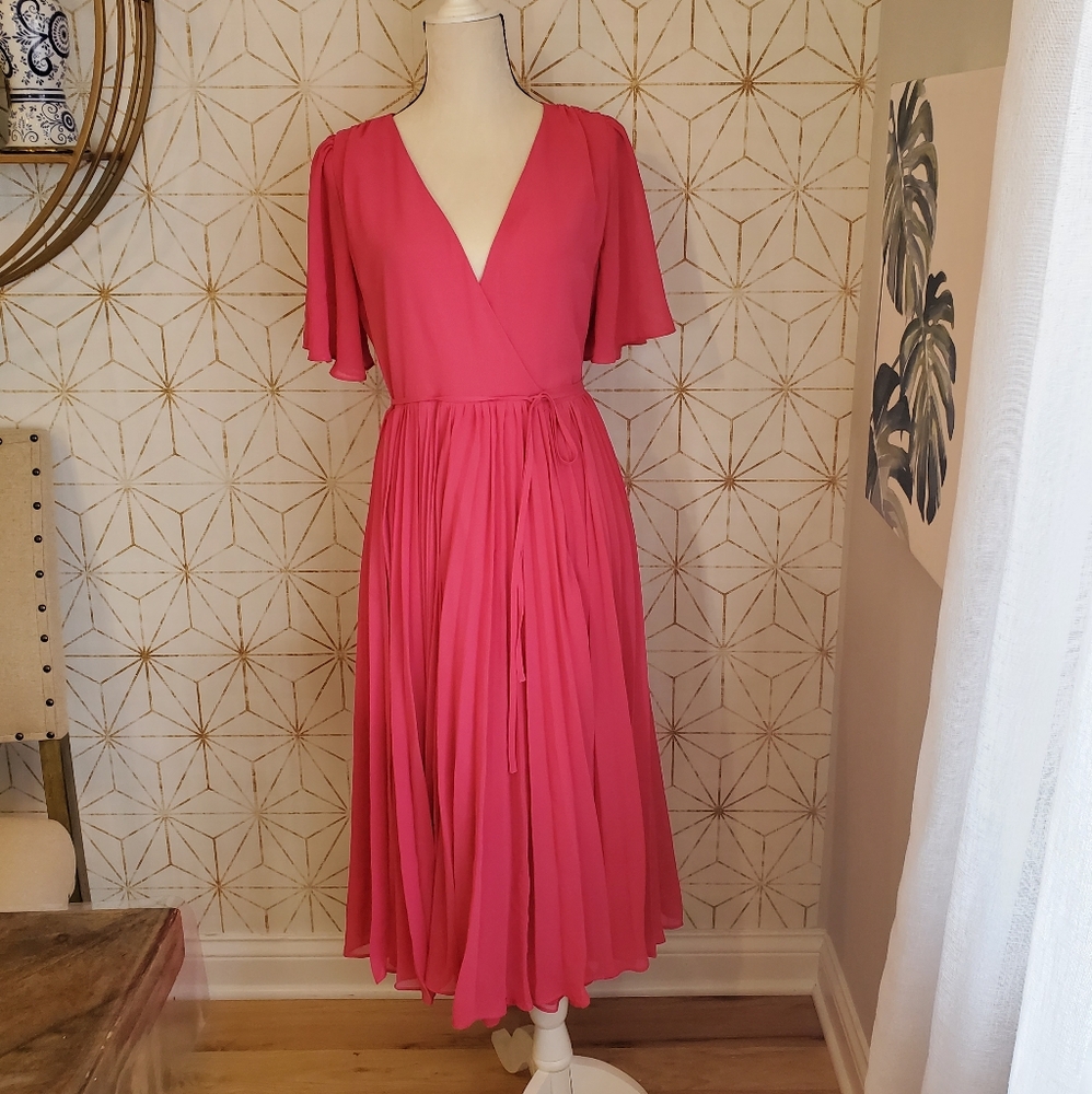Lulu's pink wrap short sleeve chiffon dress